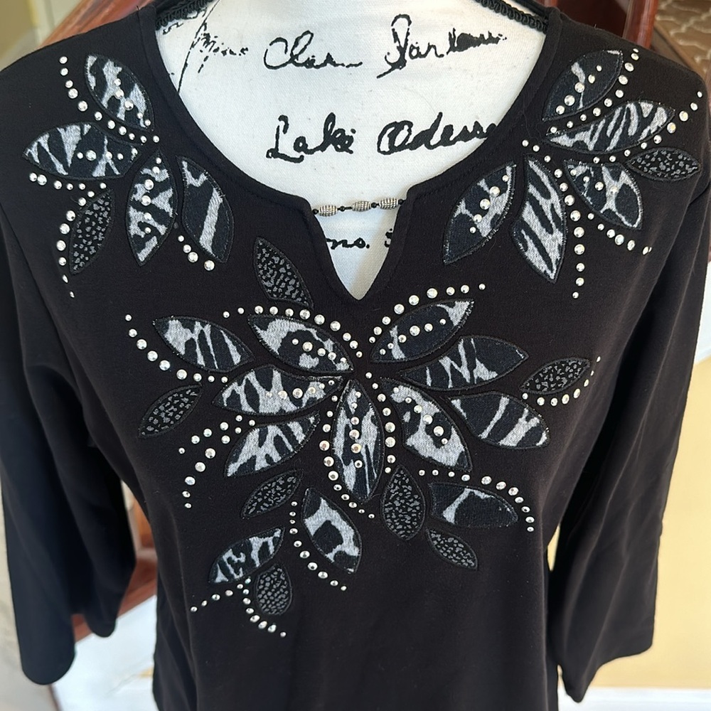 BLACK BLOUSE-GREY AND SILVER STUD EMBELLISHMENT. SIZE MEDIUM.